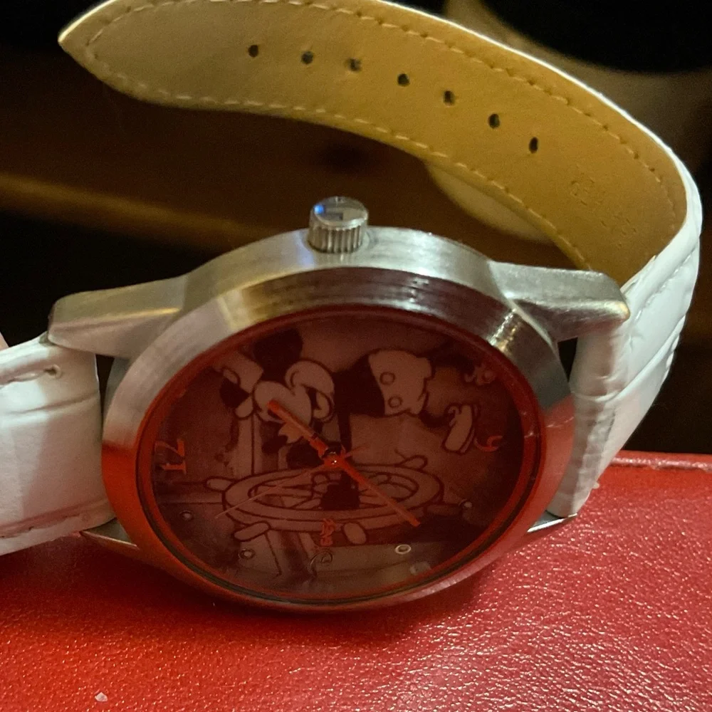 Disney:Steamboat Willie white leather band vintage wrist watch about 9” inches.